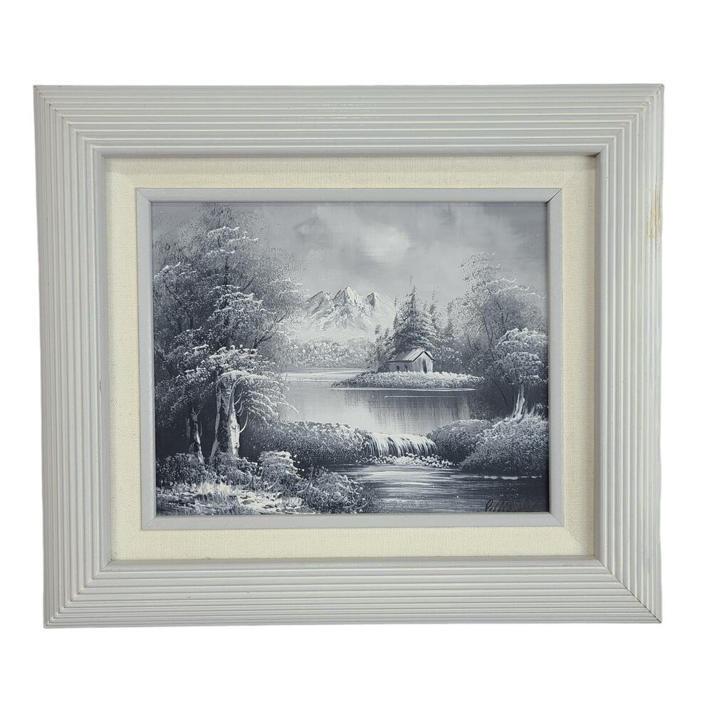 Oil Painting Signed and Framed Vintage Monochrome landscaping waterfall cabin